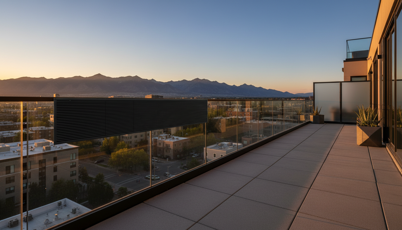 Denver apartment balcony with solar panel and Rocky Mountain views