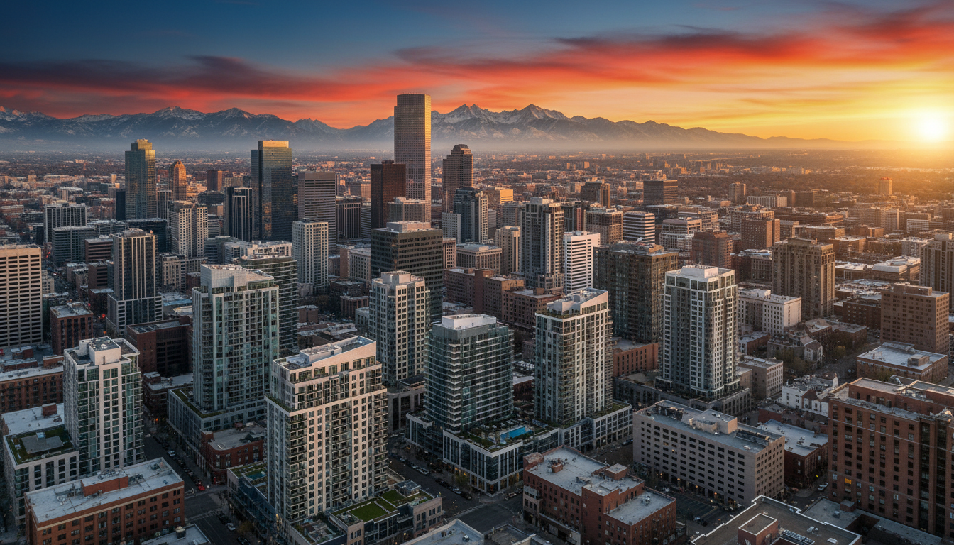 Denver skyline at sunset with Rocky Mountains
